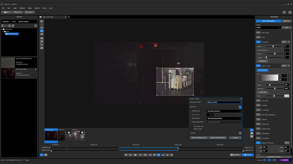 Forensic Pro software interface enhancing video clarity and recovering lost details.