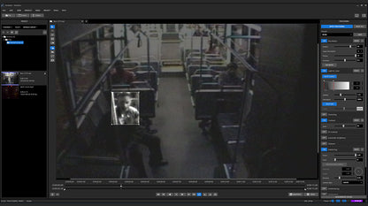 Forensic software interface enhancing video to recover lost details in low-quality footage.