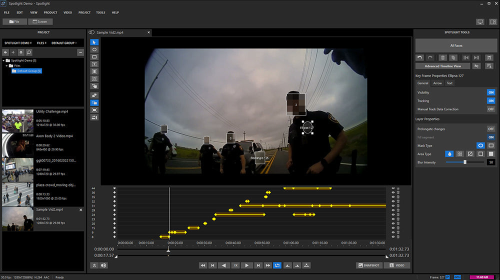 Spotlight software interface redacting audio and visual elements in real-time video editing.