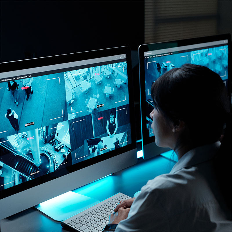 Woman working with video surveillance software. 